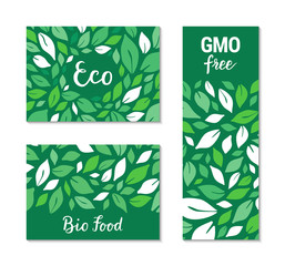 Green flyers with salad leaves pattern. Eco, Bio food, GMO free hand drawn lettering text. Colourful template collection. Healthy natural meal plant-based concept. Vector EPS 10 illustration