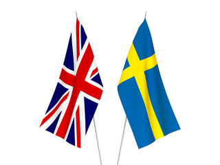 Fototapeta premium National fabric flags of Great Britain and Sweden isolated on white background. 3d rendering illustration.