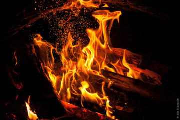 Burning bonfire close up