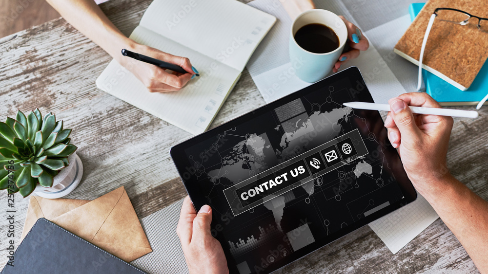 Poster contact us field and button on screen. business concept.