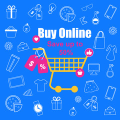 Shopping Trolley with Sale Tags on Blue Background