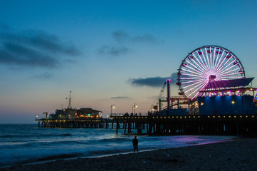 Ferris Wheel in Santa Monica, Night Los Angeles, California	 US