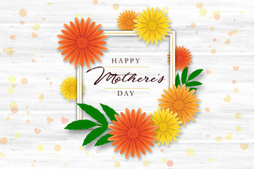 Mother's day greeting card with colorful blossom flowers and green leaf. Bright illustration with flowers and leaf