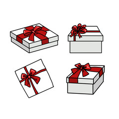 Set of white doodle Gift boxes with red bows in cartoon style. - 257377786