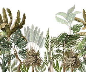 Fotobehang Jungle Naadloze grens met tropische boom zoals palm, banaan, monstera. Vector.  © Yumeee