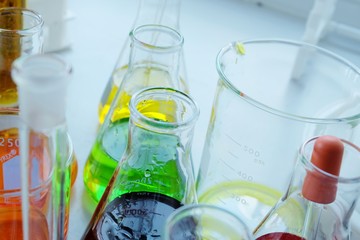 Chemical tube set development and pharmacy in laboratory  with multicolored substances in laboratory - Image