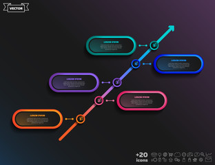 Timeline infographics design on the black background. Business concept. 5 options, parts, steps. Can be used for graph, diagram, chart, workflow layout, number options, web. Vector illustration.