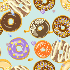 Glazed Donuts seamless pattern. Bakery Vector illustration. Top View doughnuts