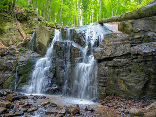 Waterfall in beech forest in the Carpathian mountains