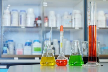 Chemical tube set development and pharmacy in laboratory  with multicolored substances in laboratory - Image