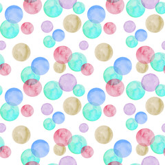 Watercolor blue and pink bubbles on white background. Seamless pattern.
