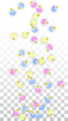 Vector Realistic Colorful Petals Falling on Transparent Background.  Spring Romantic Flowers Illustration. Flying Petals. Sakura Spa Design. Blossom Confetti. Design Elements for Wedding Decoration.