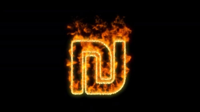 shekel sign symbol inflames. Then disappears. In - Out loop. Alpha channel Premultiplied - Matted with color black