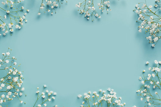 Blue fashion, flowers flat lay background