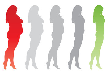 Vector conceptual fat overweight obese female vs slim fit healthy body after weight loss or diet with muscles thin young woman isolated. Fitness, nutrition or fatness obesity, health silhouette shape