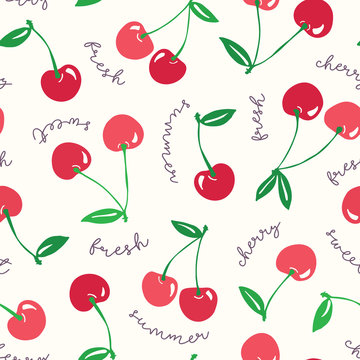 Whimsical hand-drawn red cherries and words vector seamless pattern background. Colorful Summer Fruits. Typography