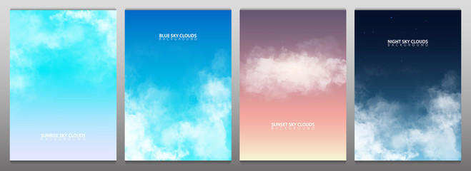Set of sky with white realistic clouds. Sunset, Sunrise. Blue and night sky. Vector Illustration.