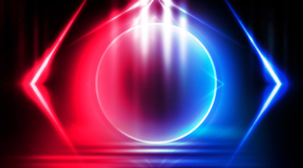 Neon circle, neon lights. Neon circle with the center of a dark empty scene with spotlights. Abstract light. Night view.