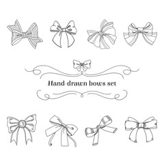 Set of different bows and ribbon knots. Hand drawn isolated vector - 257380739