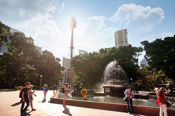 SYDNEY, AUSTRALIA November 20, 2017: Hyde Park Daytime Archibald fountain water reflection trees,...
