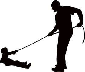 father and son playing tug-of-war, silhouette vector