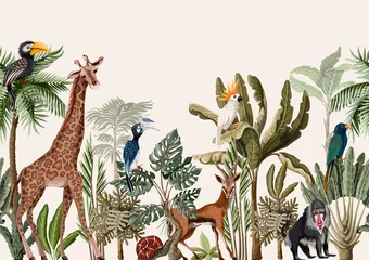 Papier Peint photo Lavable Chambre denfants Bordure transparente avec des arbres tropicaux tels que des palmiers, des bananes et des animaux de la jungle. Vecteur.