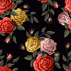 Fotobehang Rozen Naadloos patroon met rode rozen. Vector.