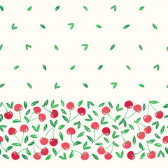 Whimsical hand-drawn red cherries vector seamless horizontal border pattern background. Colorful Summer Fruits