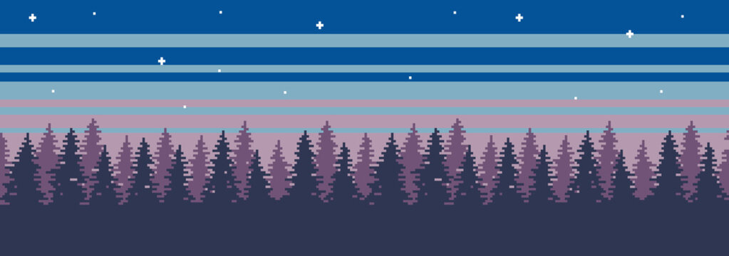 Pixel Art 8bit Game Landscape Forest And Sunset Sky