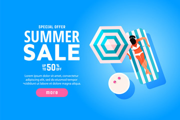 Beach, girl, summer, umbrella, sunbathe concept. 