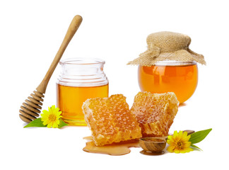 Honeycomb and honey bee in the jar with honey dipper isolate on white background, bee products by organic natural ingredients concept