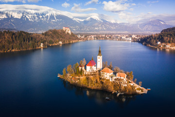 aerial view of bled lake and the church of assumption at sunset, bled, Slovenia