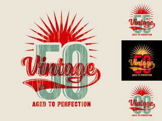Template for making jubilee greeting card, invitation, poster, t-shirt print, etc., in vintage style with text – Aged to Perfection. For 50, 55, 90 jubilee.
