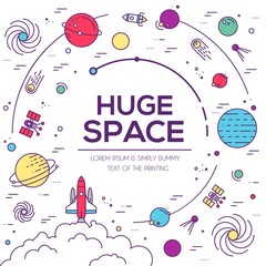 Set of huge universe infographic illustration. Outer space rocket flying up into the solar system with a lot of planets background. Vector thin lines icons stars in galaxy design concept.