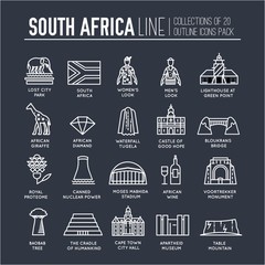 Country South Africa travel vacation of place and feature. Set of architecture, fashion, people, item, nature background concept. Infographic traditional ethnic flat, outline, thin line icon