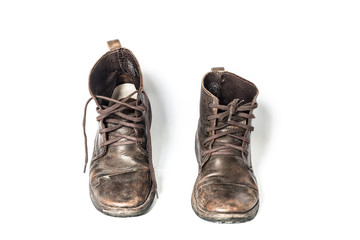 Old leather boots On a white background