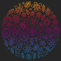 Vector set of child drawing flowers icons in doodle style. Painted, colorful, gradient pictures on a piece of paper on blackboard.