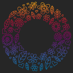 Vector set of child drawing flowers icons in doodle style. Painted, colorful, gradient pictures on a piece of paper on blackboard.