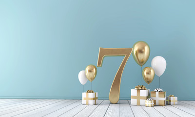 Number 7 party celebration room with gold and white balloons and gift boxes. 