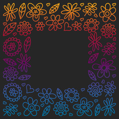 Vector set of child drawing flowers icons in doodle style. Painted, colorful, gradient pictures on a piece of paper on blackboard.