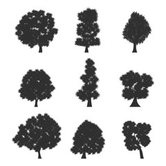 Trees with leaves vector black silhouette set isolated on white background.