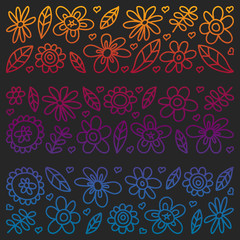 Vector set of child drawing flowers icons in doodle style. Painted, colorful, gradient pictures on a piece of paper on blackboard.