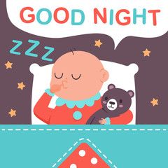 Good night vector cartoon illustration of a sweet sleeping baby nestled blanket.