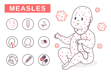 Measles vector infographics. Child character with a rash and icons with symptoms and treatment methods isolated on a white background. - obrazy, fototapety, plakaty