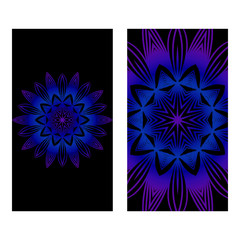 Design Vintage Cards With Floral Mandala Pattern And Ornaments. Vector Template. Islam, Arabic, Indian, Mexican Ottoman Motifs. Hand Drawn Background. Black blue purple color