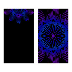 Design Vintage Cards With Floral Mandala Pattern And Ornaments. Vector Template. Islam, Arabic, Indian, Mexican Ottoman Motifs. Hand Drawn Background. Black blue purple color