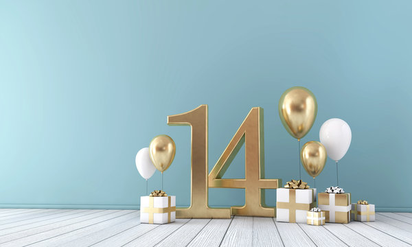 Number 14 party celebration room with gold and white balloons and gift boxes. 
