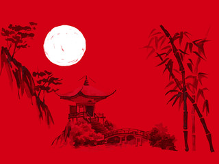 Japan traditional sumi-e painting. Watercolor and ink illustration in style sumi-e, u-sin. Fuji mountain, sakura, sunset. Japan sun. Indian ink illustration. Japanese picture, red background.