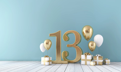 Number 13 party celebration room with gold and white balloons and gift boxes.  - obrazy, fototapety, plakaty