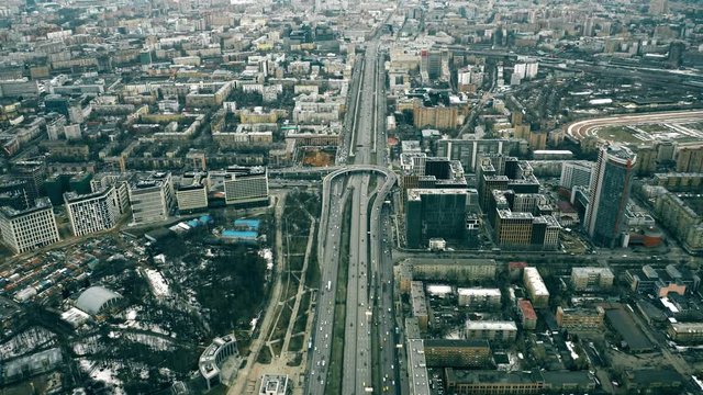 High altitude aerial shot of Leningradsky Prospekt within cityscape of Moscow, Russia
